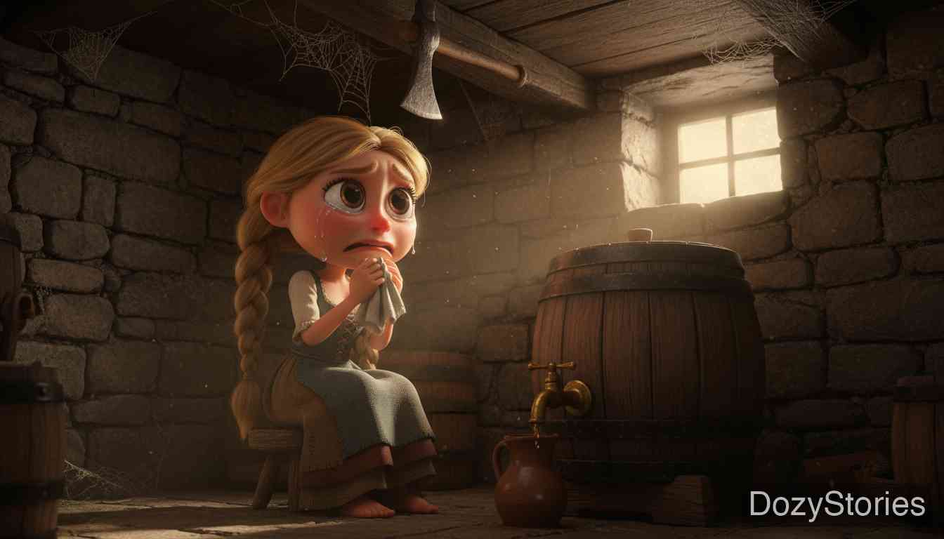 聪明的小爱尔莎 - 小爱尔莎去地窖打酒，却因为担心天花板上的镐头会砸到未来的孩子而痛哭流涕。 - 场景插画 1