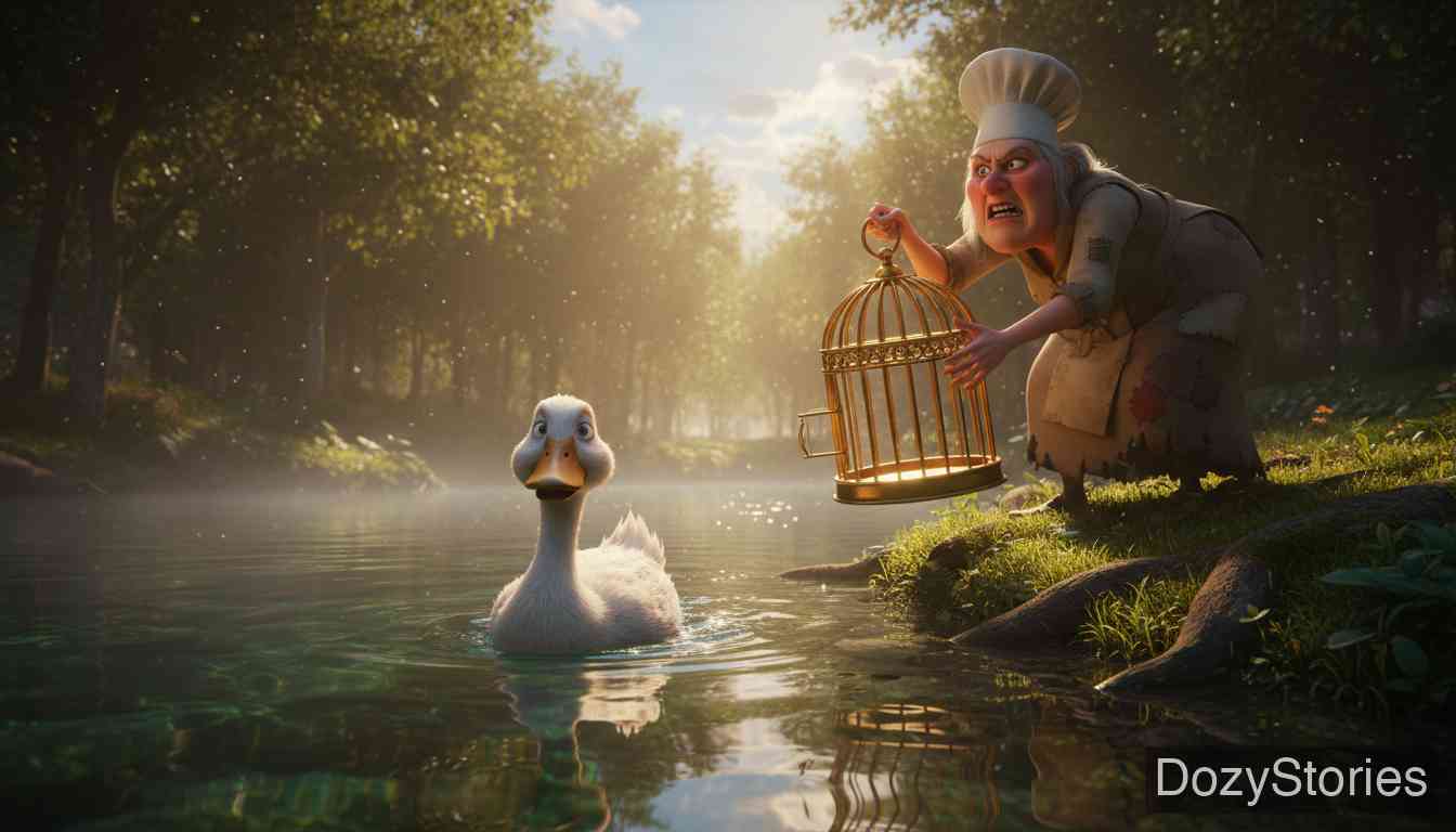 菲奈鸟 - 厨娘亲自追来，孩子们变成池塘和鸭子，厨娘想喝干池水，却被鸭子拖入水中淹死，孩子们幸福地回了家。 - 场景插画 5