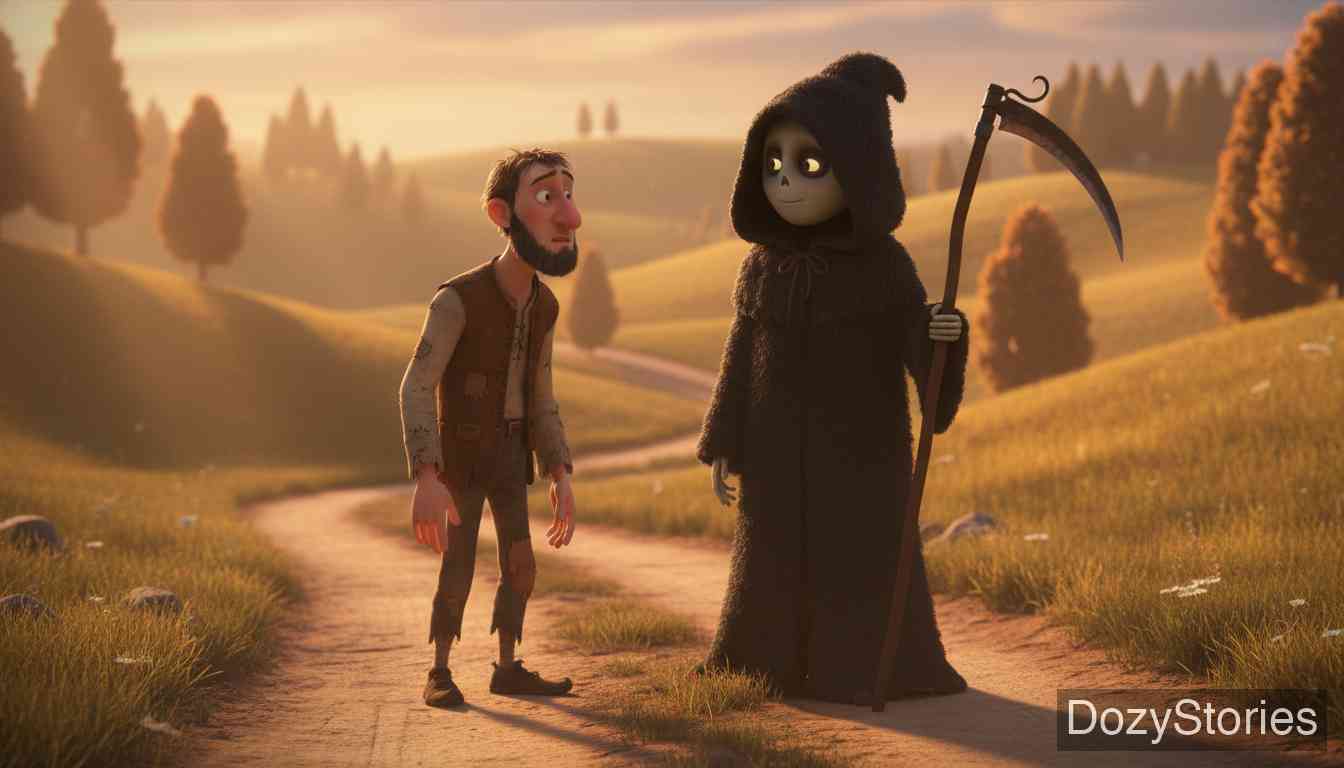 Godfather Death - A poor man searches for a godfather, rejecting God and the Devil, but choosing Death, who makes everyone equal. - Scene Illustration 1