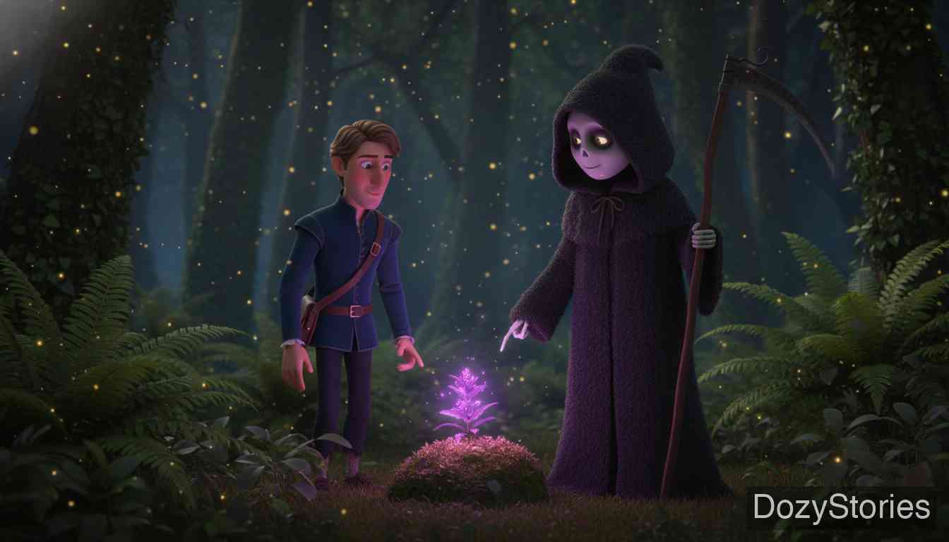 Godfather Death - The godfather gifts the boy a magical herb to become a famous physician, establishing strict rules of life and death. - Scene Illustration 2