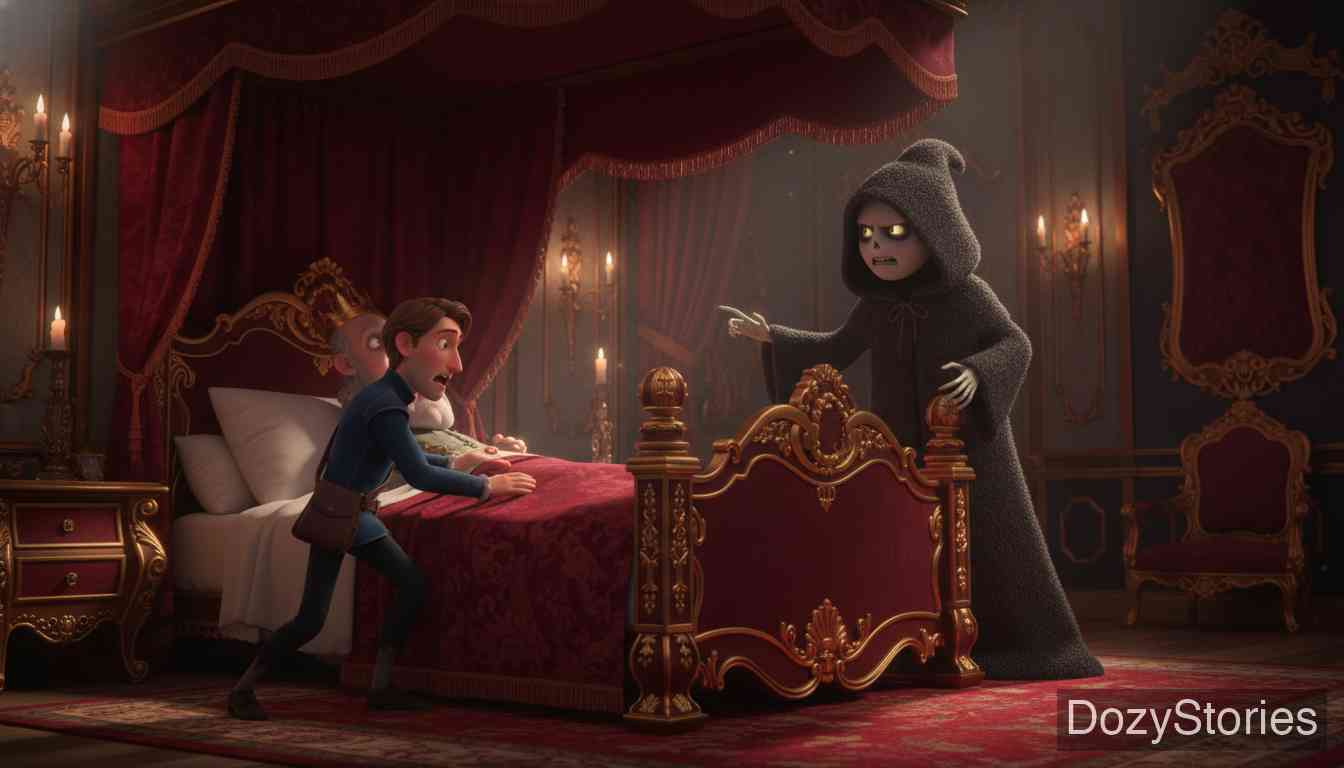 Godfather Death - The king falls ill, and the physician cheats Death for the first time to save him, receiving a furious warning. - Scene Illustration 3