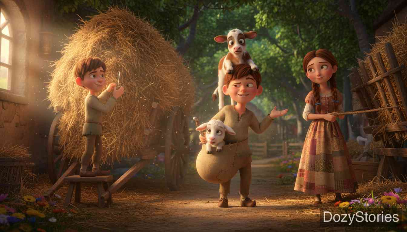 傻汉斯 - 汉斯去见格蕾特尔，并把得到的缝衣针插在了草车上。 - 场景插画 1