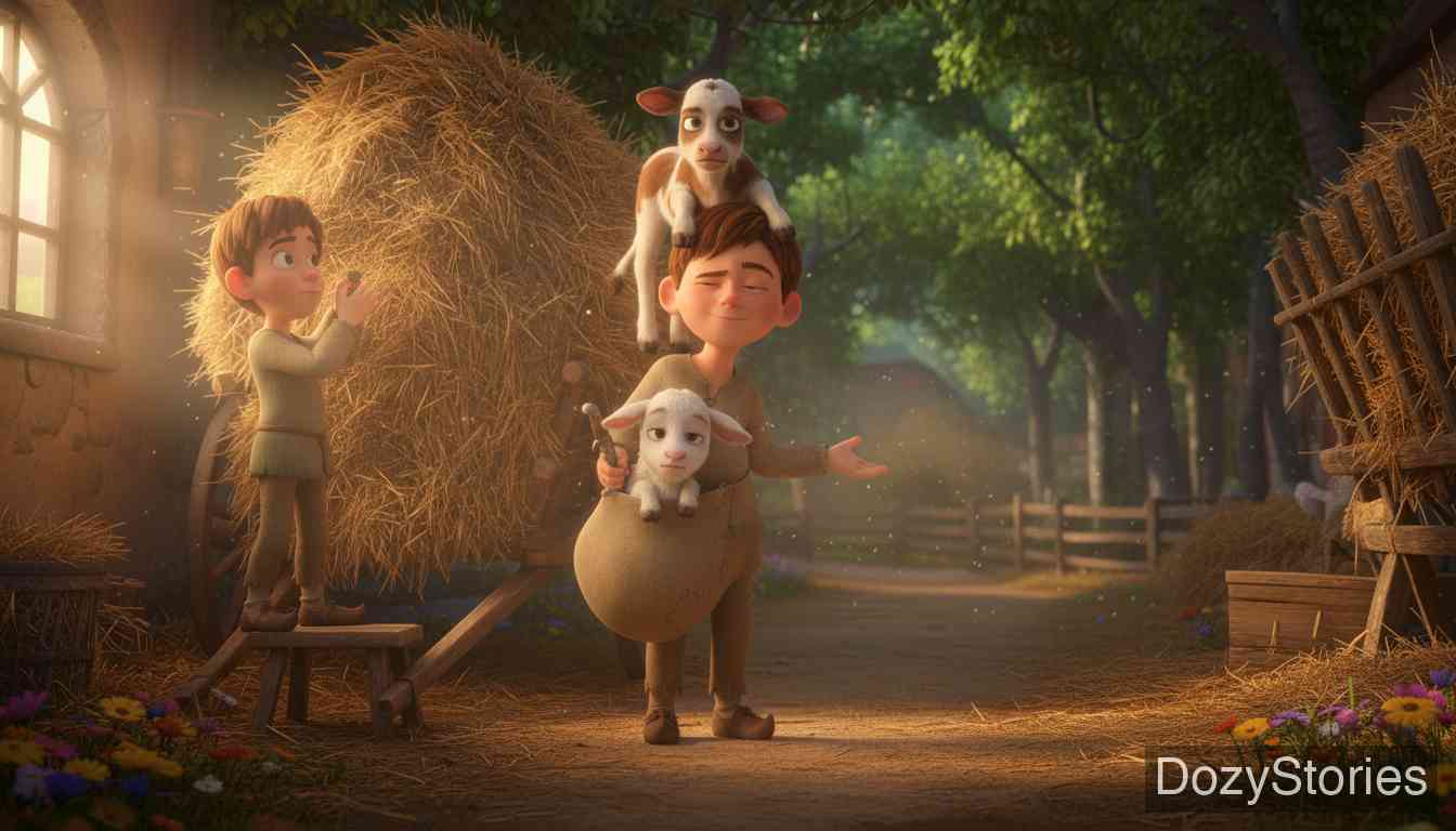 傻汉斯 - 汉斯把一只小山羊塞进兜里，导致它窒息而死。 - 场景插画 3