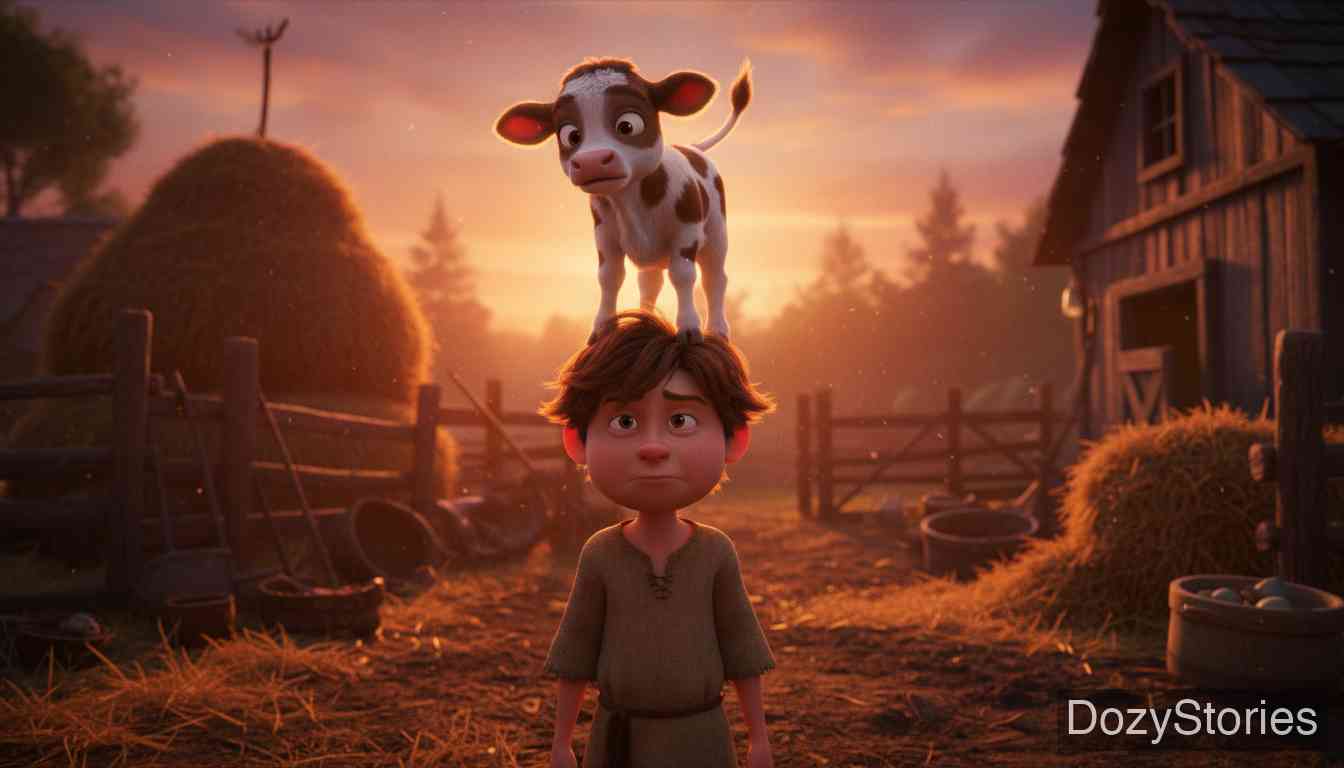 傻汉斯 - 汉斯用绳子拖着培根被狗吃了，随后他又把牛犊顶在了头上。 - 场景插画 4