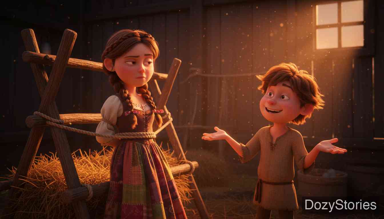 傻汉斯 - 汉斯把格蕾特尔拴起来，甚至把动物的眼睛扔向她，最后格蕾特尔成了他的新娘。 - 场景插画 5