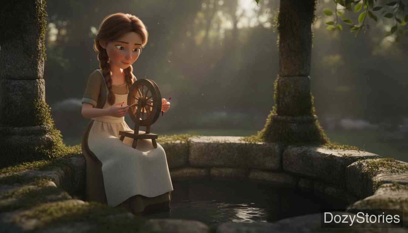 Mother Hulda - The industrious girl spins by the well and, in her attempt to retrieve the fallen spindle, leaps into the deep well out of despair. - Scene Illustration 1