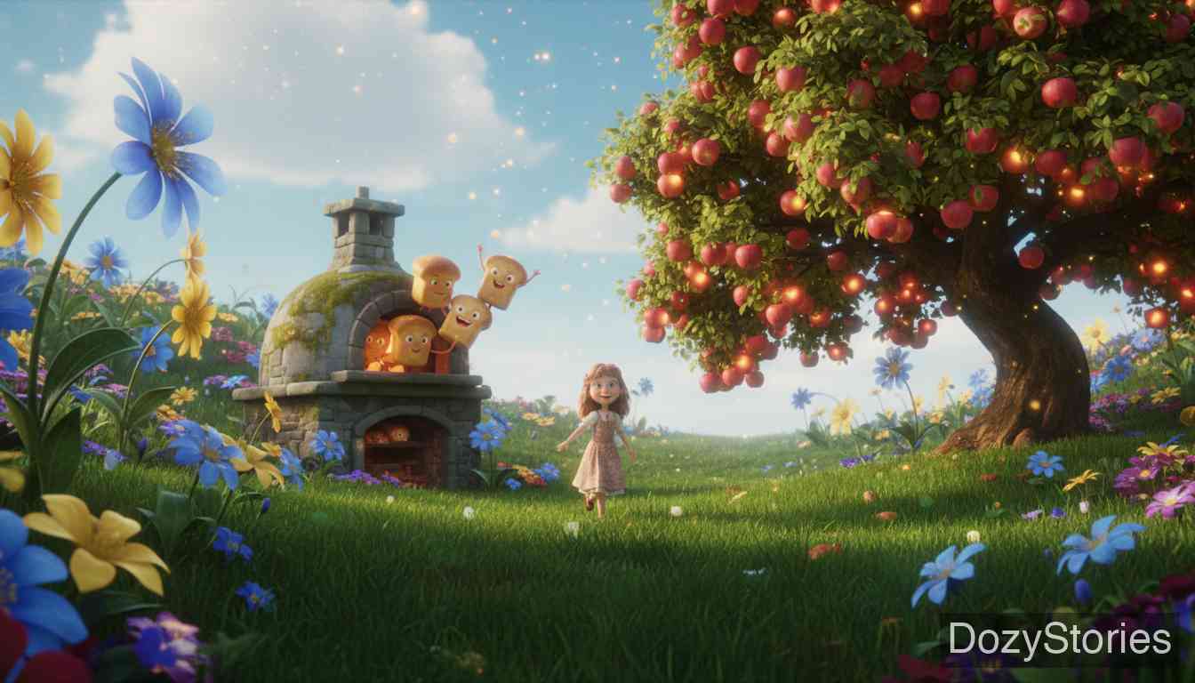 Mother Hulda - The girl awakens in a beautiful meadow, helping the over-baked bread and the heavy apple tree along her path. - Scene Illustration 2