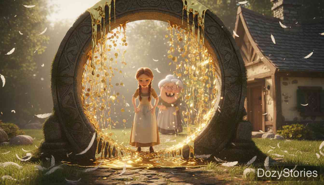 Mother Hulda - The girl serves Mother Hulda diligently, and upon her departure, she is rewarded with a shower of gold. - Scene Illustration 3