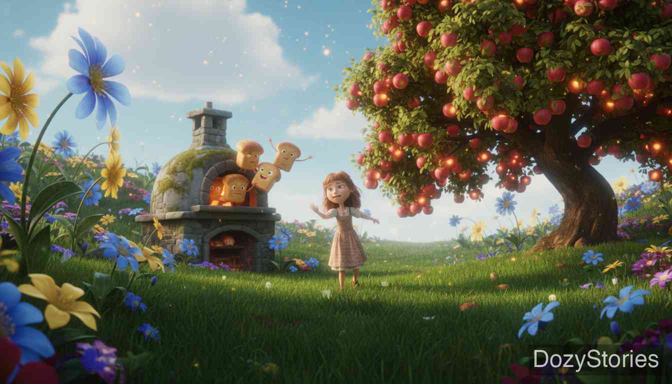 Mother Hulda - The lazy sister, seeking wealth, leaps into the well but arrogantly refuses to help the bread and the apple tree. - Scene Illustration 4