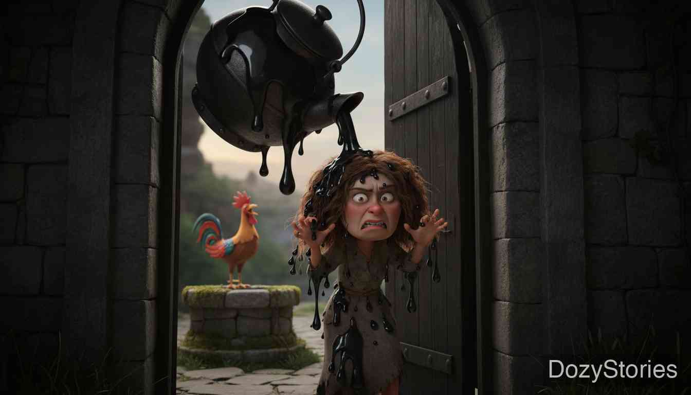 Mother Hulda - Due to her laziness, the sister is rewarded with a coating of black pitch that remains forever. - Scene Illustration 5