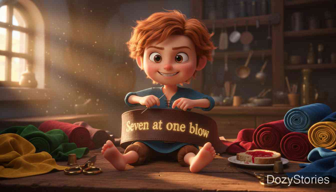 勇敢的小裁缝 - 小裁缝一下子打死了七只苍蝇，并在腰带上绣下豪言壮语。他踏上旅途，运用智慧在力量比试中战胜了巨人。 - 场景插画 1