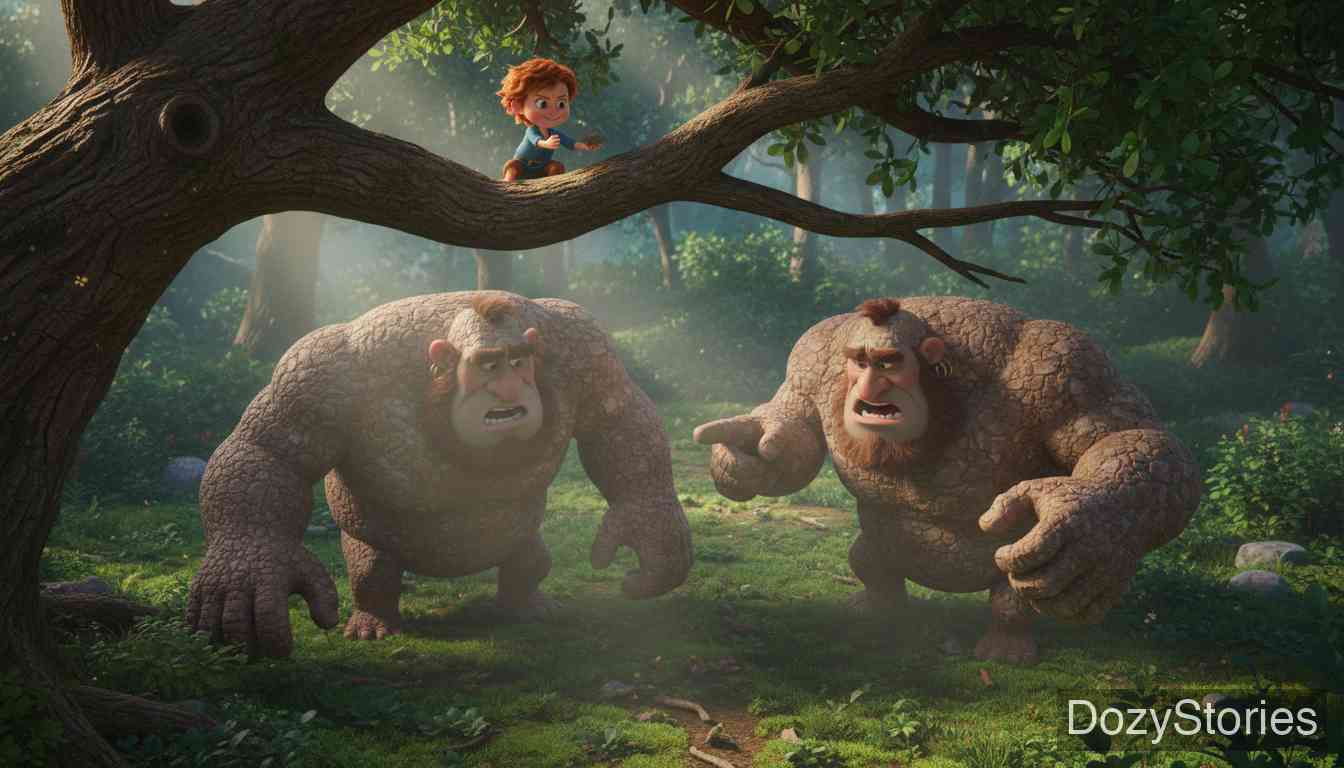 勇敢的小裁缝 - 小裁缝来到王宫被奉为勇士。国王因惧怕他而派他去消灭两个巨人。裁缝利用智谋引诱两个巨人自相残杀。 - 场景插画 3