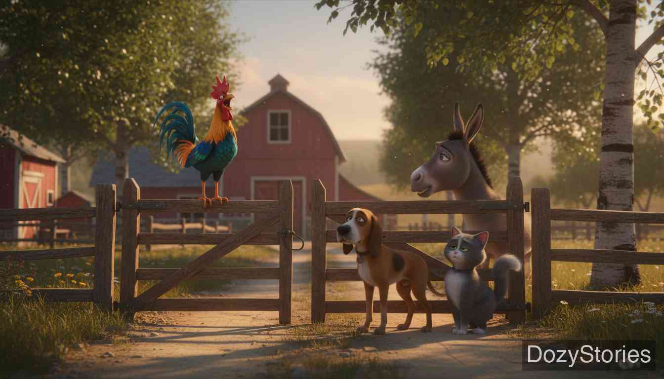 不来梅的城市乐手 - 驴子和猎狗随后又遇到了由于年老而面临危险的猫和公鸡，四位伙伴决定一同前往不来梅。 - 场景插画 2