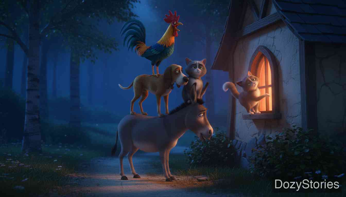 不来梅的城市乐手 - 天黑时，伙伴们在森林里发现了一间强盗屋，他们决定叠起罗汉看看屋子里的情况。 - 场景插画 3