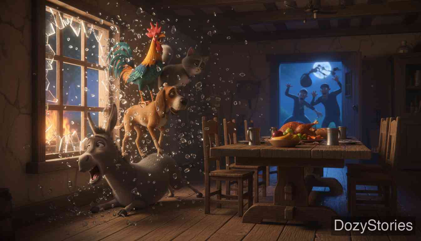 不来梅的城市乐手 - 动物们通过大合唱和撞击窗户吓跑了强盗，随后在屋子里美餐了一顿。 - 场景插画 4