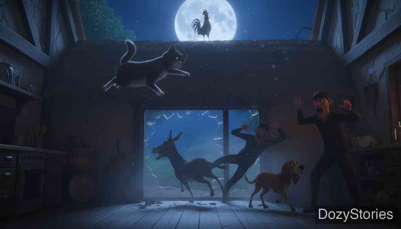 不来梅的城市乐手 - 强盗试图潜回调查却遭到了动物们的轮番攻击，从此再也不敢回来，动物们也在此定居。 - 场景插画 5