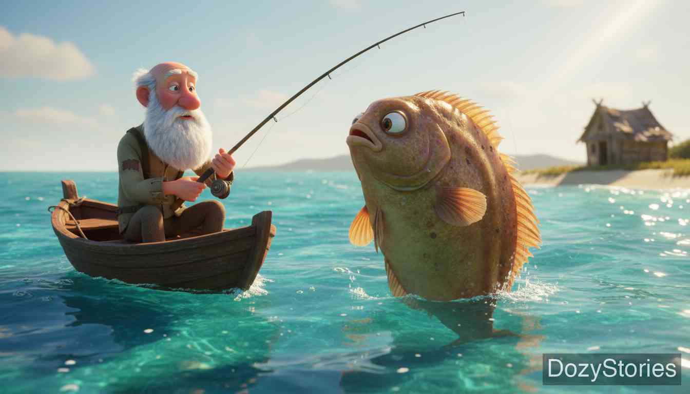 渔夫和他的妻子 - 渔夫捕获了一条神奇的比目鱼并将其放生，贪婪的妻子得知后让他去讨要一间小茅屋。 - 场景插画 1