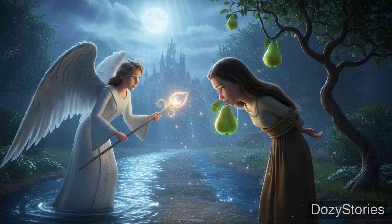 The Girl Without Hands - The maiden wanders to a royal garden; with an angel's help, she eats a pear to survive and is later discovered by the King. - Scene Illustration 2