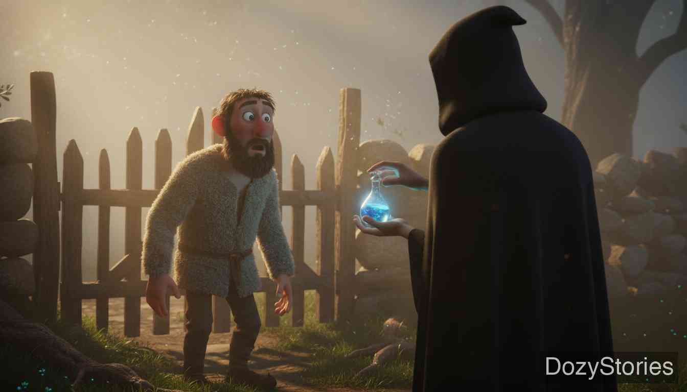 The Godfather - A poor man follows a dream to ask a stranger to be godfather, receiving magical water that reveals Death's position. - Scene Illustration 1