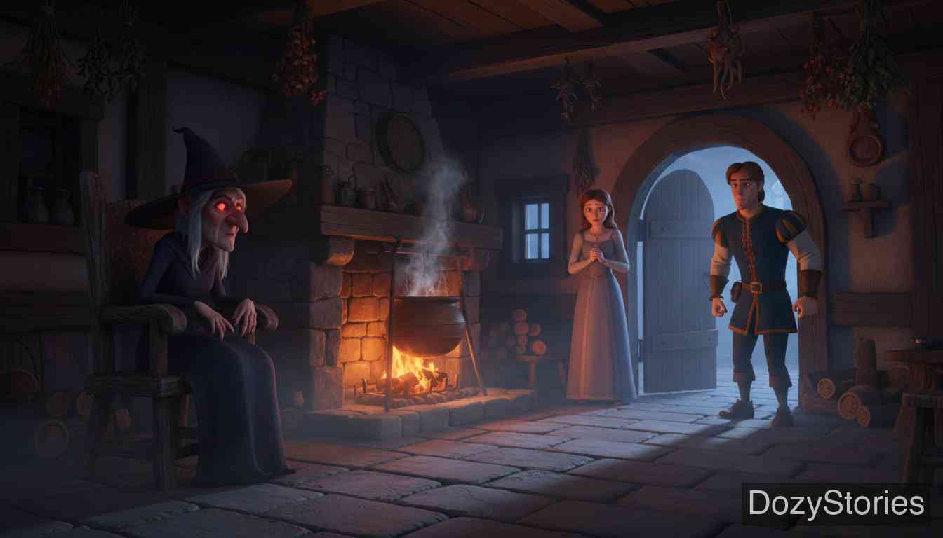 谜语 - 王子和仆人在森林中迷路，在好心姑娘的警告下，冒险住进了巫婆的小屋。 - 场景插画 1