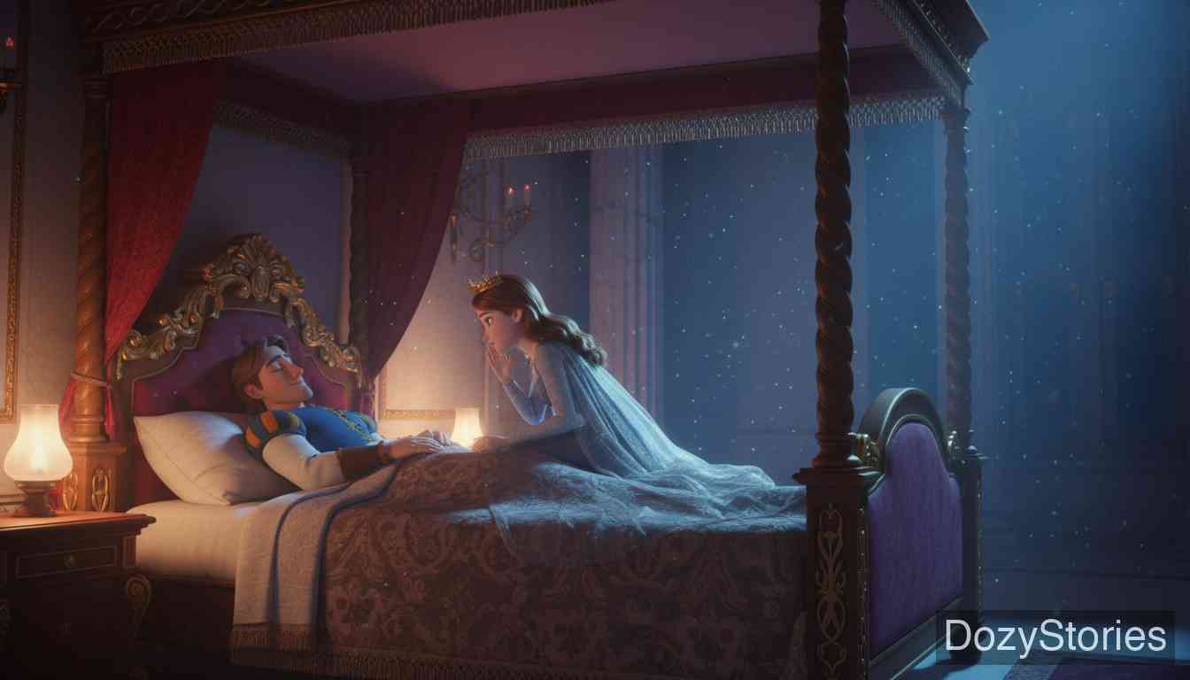 谜语 - 公主亲自来偷听，王子假装睡着告诉了她谜底并留下了证据，最终赢得了比赛。 - 场景插画 5