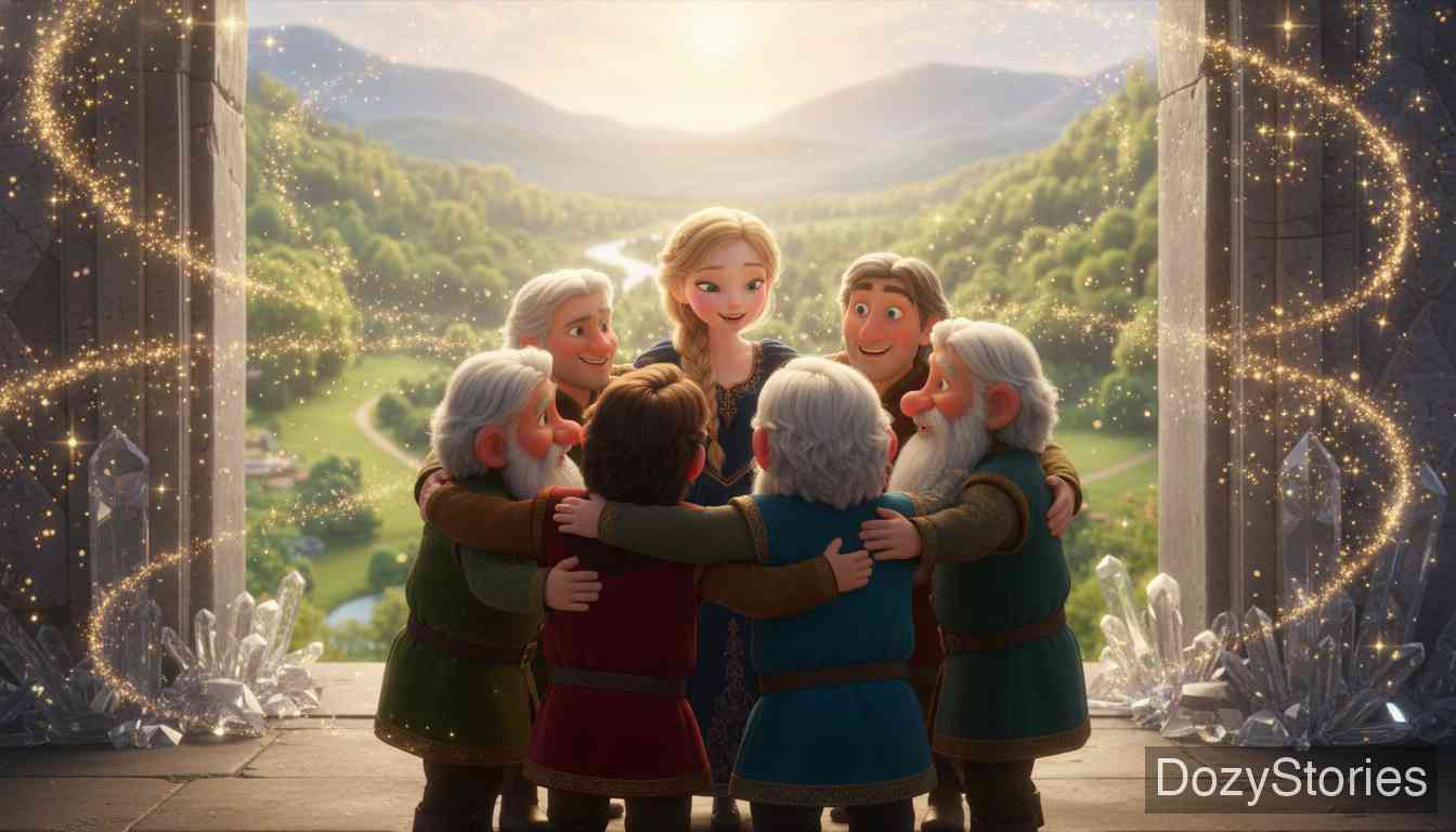 七只乌鸦 - 哥哥们发现了杯中的戒指，兄妹团聚，诅咒解除，他们一起回到了家。 - 场景插画 5