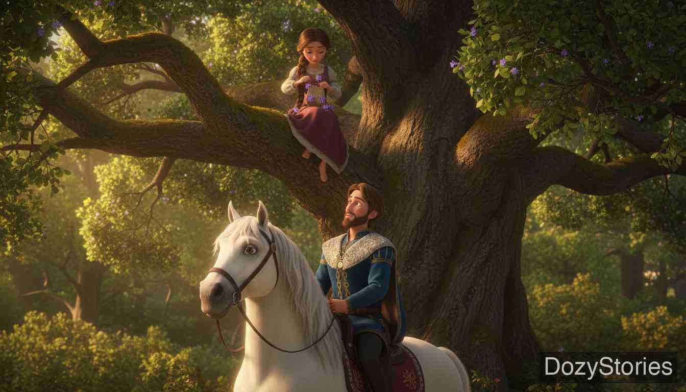 六只天鹅 - 妹妹躲在树上缝制衬衫，被一位国王发现。尽管她不言不语，国王仍被她打动，带她回宫并娶她为妻。 - 场景插画 3