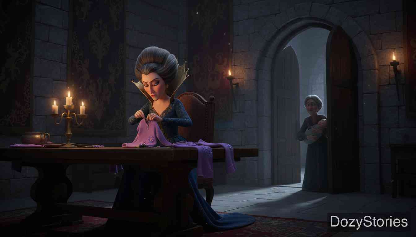 六只天鹅 - 国王邪恶的母亲偷走了王后的孩子并诬陷她吃人，国王最终被迫判处沉默的王后火刑。 - 场景插画 4