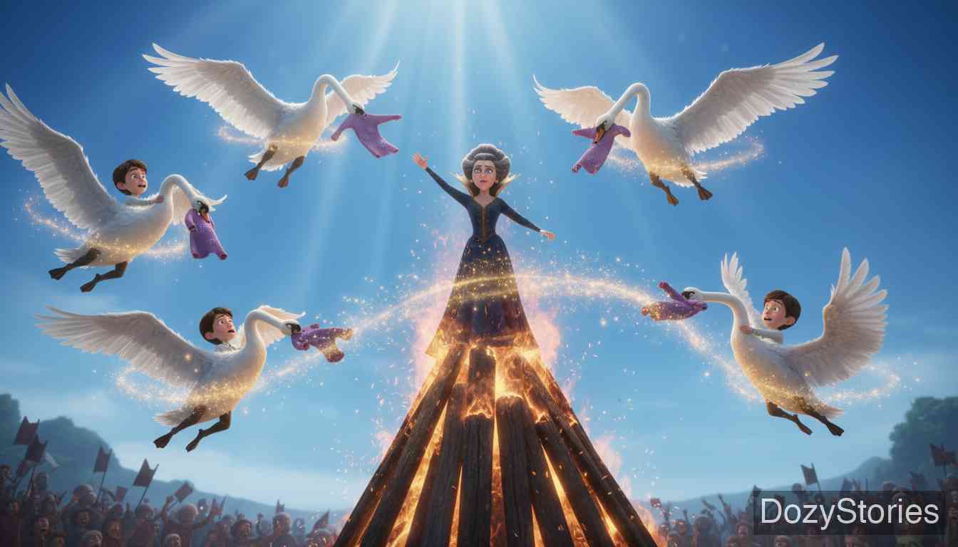 六只天鹅 - 行刑之日正是六年期满之时，天鹅飞来，王后抛出衬衫救了哥哥们，真相大白，一家人终得团聚。 - 场景插画 5