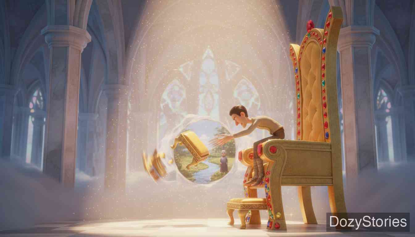 The Tailor in Heaven - The tailor sees a woman stealing on earth and throws the golden footstool at her in anger. - Scene Illustration 4