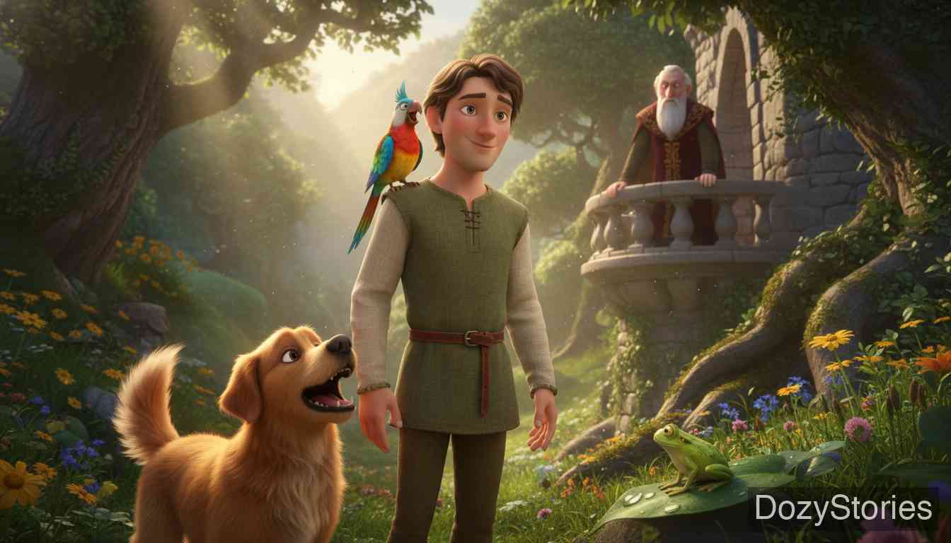 The Three Languages - The count's son learns the languages of dogs, birds, and frogs. His furious father orders him killed, but he is spared and begins to wander. - Scene Illustration 1