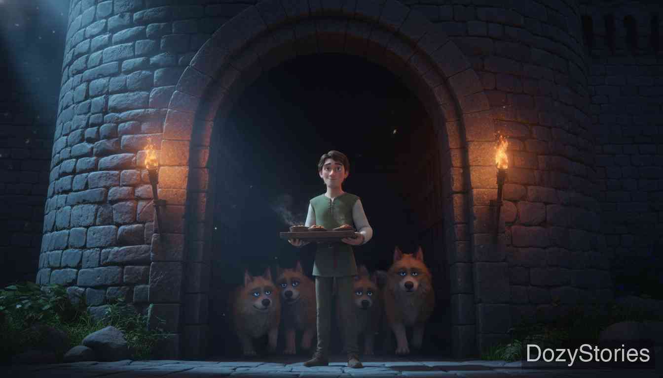 The Three Languages - The youth arrives at a fortress and fearlessly enters a tower filled with fierce wild dogs to spend the night. - Scene Illustration 2