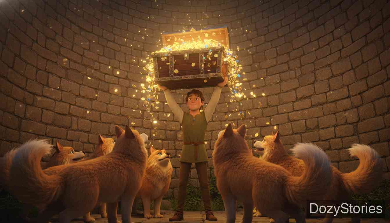 The Three Languages - The youth understands the dogs' secret, retrieves the hidden treasure, saves the locals, and is adopted by the lord. - Scene Illustration 3