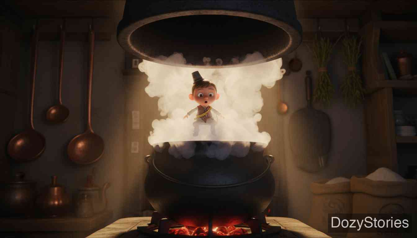 大拇指游记 - 大拇指告别父亲去闯荡世界，却因食物热气被冲上烟囱，后在一位工匠家因伙食不佳而捉弄女主人。 - 场景插画 1