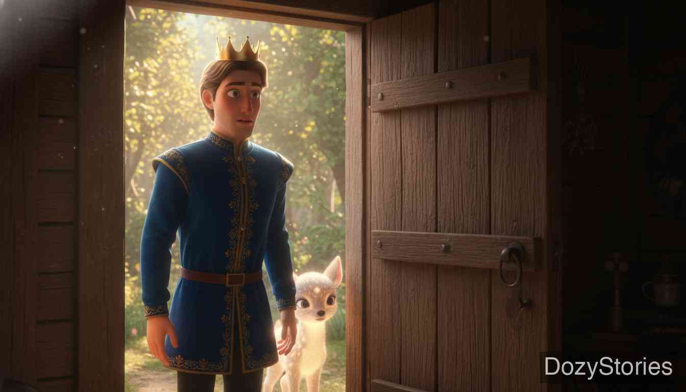 小哥哥和小姐姐 - 国王在森林狩猎,小鹿忍不住跑出去玩耍。猎人顺藤摸瓜找到了小屋,国王发现了美丽的妹妹。 - 场景插画 3