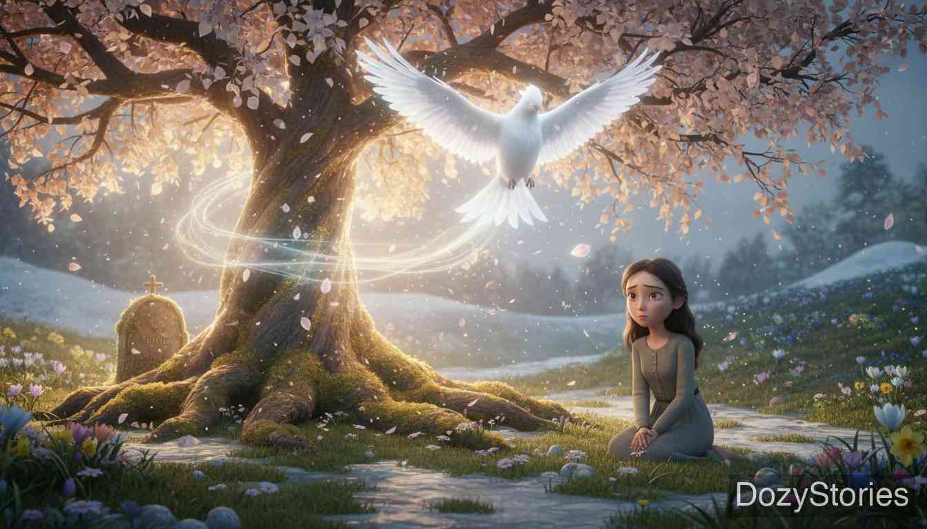 灰姑娘 - 灰姑娘受尽继母和姐姐的虐待,她在母亲坟头种下的榛树枝长成了魔法树,树上的鸟儿会满足她的愿望。 - 场景插画 1