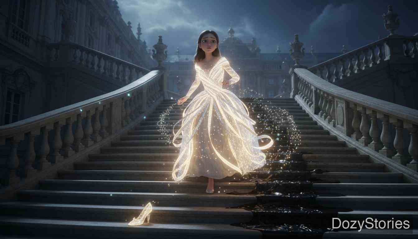 灰姑娘 - 灰姑娘向榛树许愿得到华服,三次参加舞会并与王子共舞,最后不慎将一只金舞鞋遗落在沾满沥青的台阶上。 - 场景插画 3