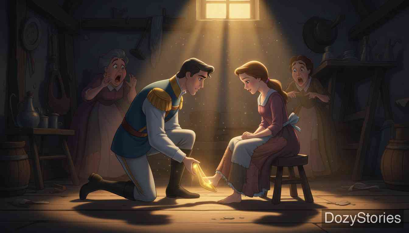 灰姑娘 - 姐姐们为穿上金鞋削足适履,被鸽子揭穿;灰姑娘试穿金鞋完美契合,王子认出了她并带她离开。 - 场景插画 4