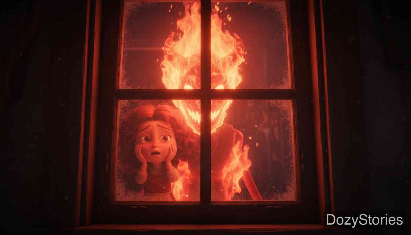 Frau Trude - The girl mentions seeing a blood-red man and the devil with a fiery head in the window, prompting Frau Trude to reveal her true nature. - Scene Illustration 4