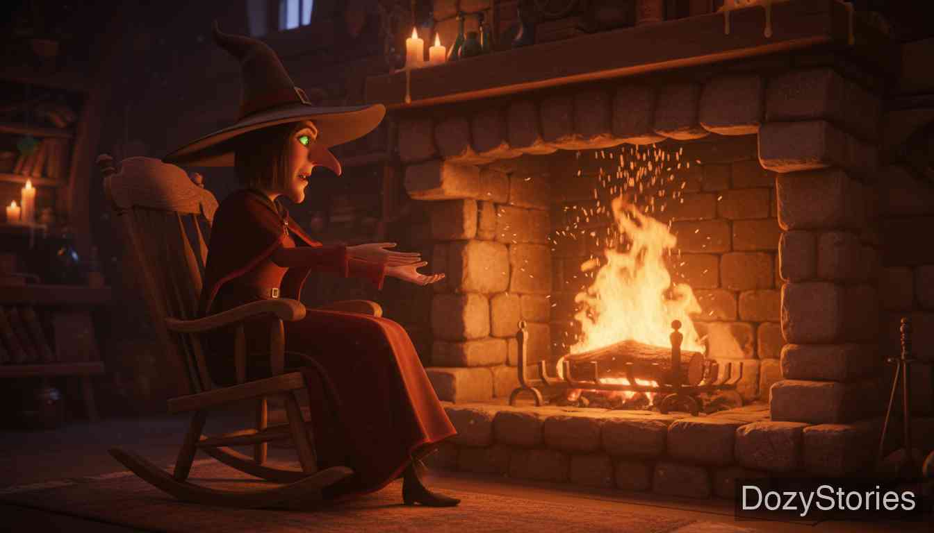 Frau Trude - Frau Trude turns the girl into a block of wood, throws her into the fire, and warms herself by the blaze. - Scene Illustration 5