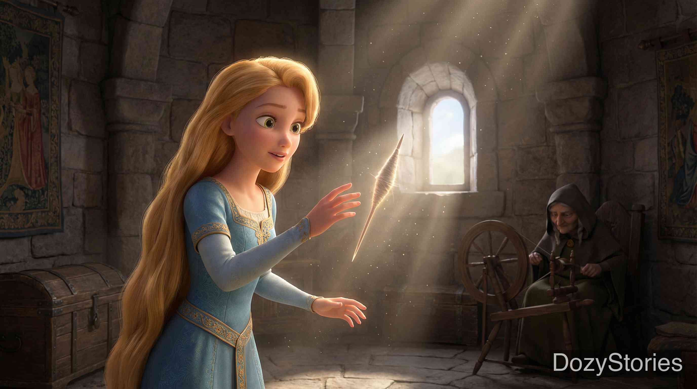 睡美人 - 为了保护公主,国王下令烧毁所有纺锤。然而在公主十五岁那年,她偶然发现了一座古塔,并在好奇心的驱使下触摸了纺锤,诅咒随即应验,她陷入了沉睡。 - 场景插画 2