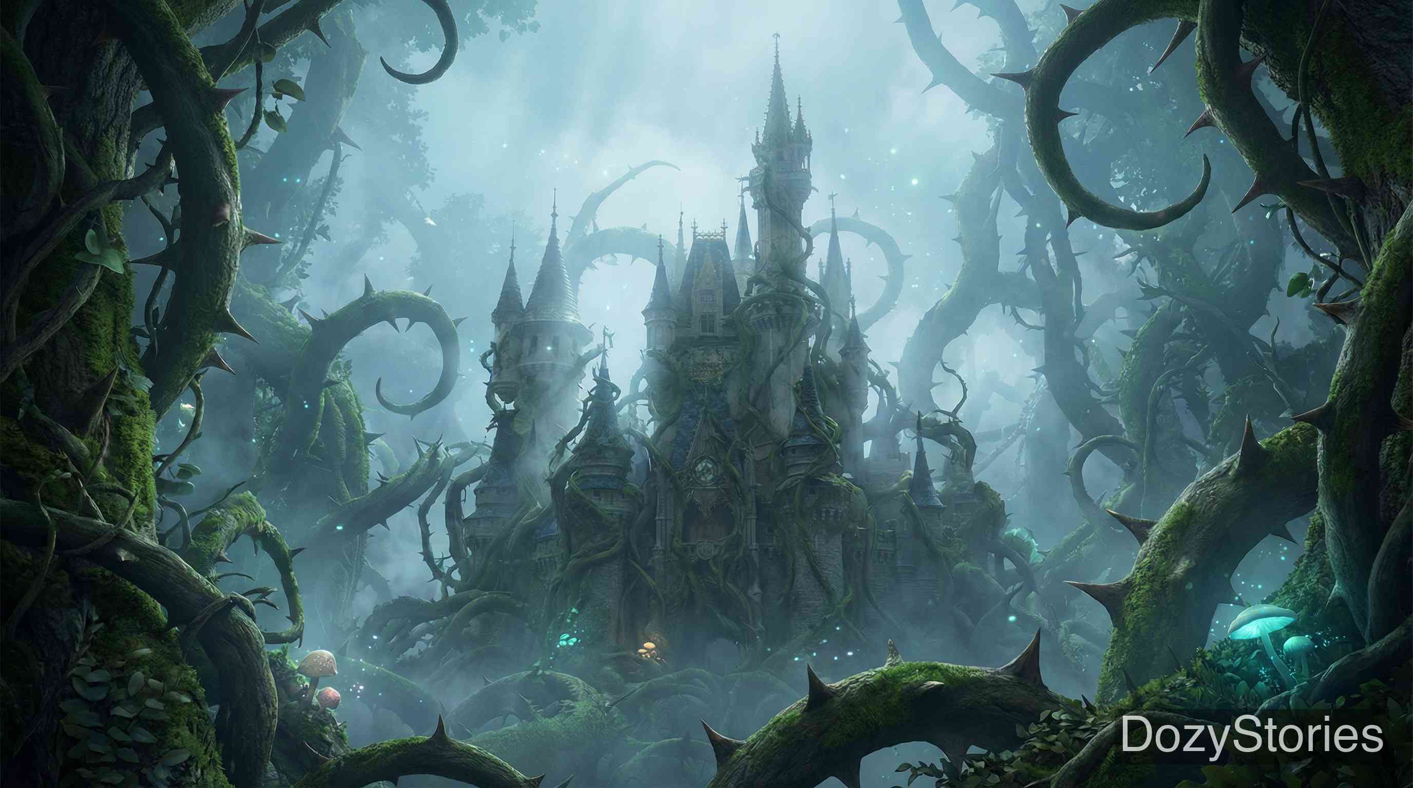 睡美人 - 沉睡降临到了整个城堡,国王、王后、侍从甚至动物和火焰都静止了。城堡周围长起了茂密的荆棘树篱,最终将城堡完全遮蔽。 - 场景插画 3