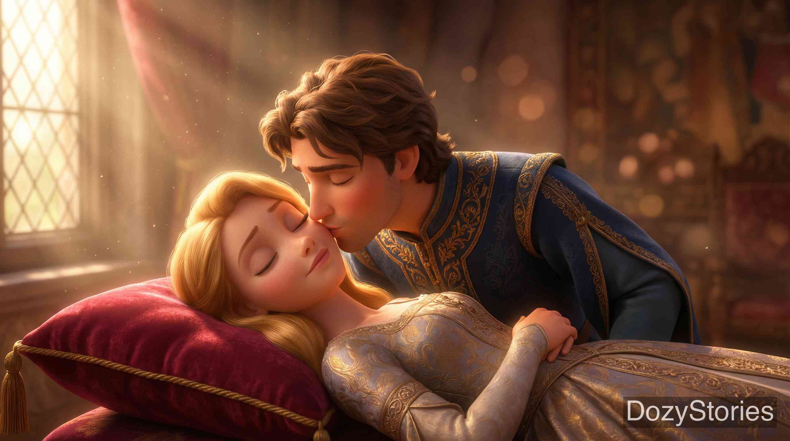 睡美人 - 王子找到了沉睡的罗莎蒙德并吻了她。她醒了过来,整个城堡也随之苏醒。王子和公主举行了盛大的婚礼,从此幸福地生活在一起。 - 场景插画 5