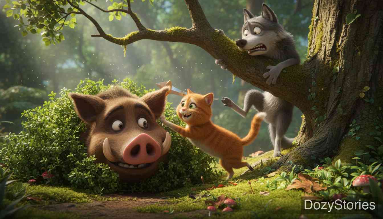 老苏丹 - 狼和野猪被吓得躲藏起来,猫误咬了野猪的耳朵,导致狼的藏身处暴露,最终大家握手言和。 - 场景插画 5