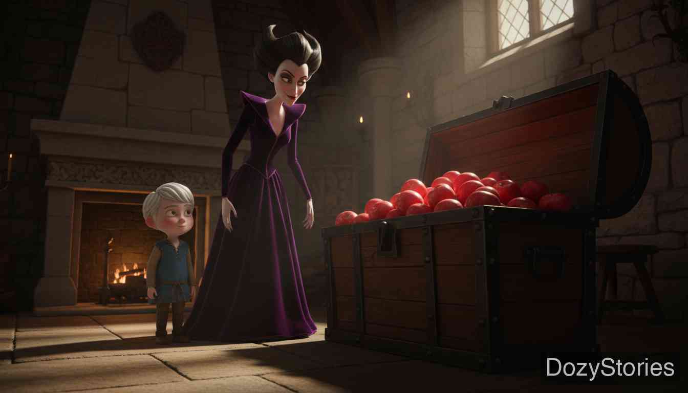 杏树 - 继母憎恨继子,用苹果箱的盖子杀害了他,并嫁祸给自己的女儿玛乔丽。 - 场景插画 2