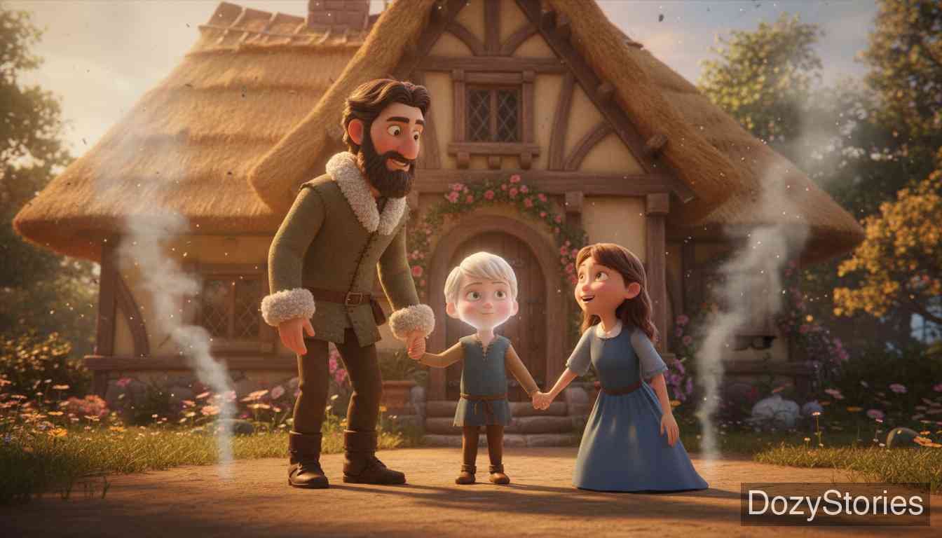 杏树 - 鸟儿将礼物分给家人,用磨盘砸死了恶毒的继母,随后变回小男孩,一家人幸福团聚。 - 场景插画 5