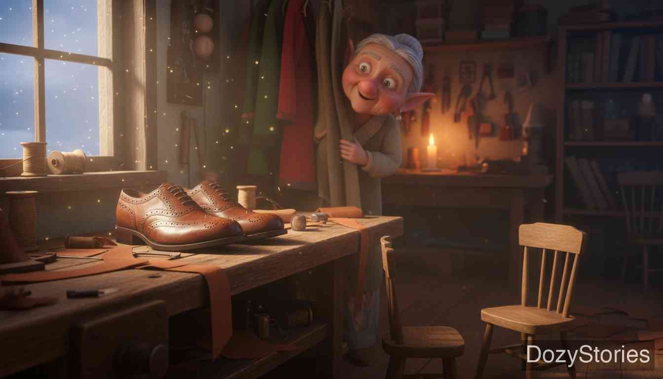 精灵与鞋匠 - 由于神秘的帮助,鞋匠变得富有,他决定和妻子在深夜一探究竟。 - 场景插画 2