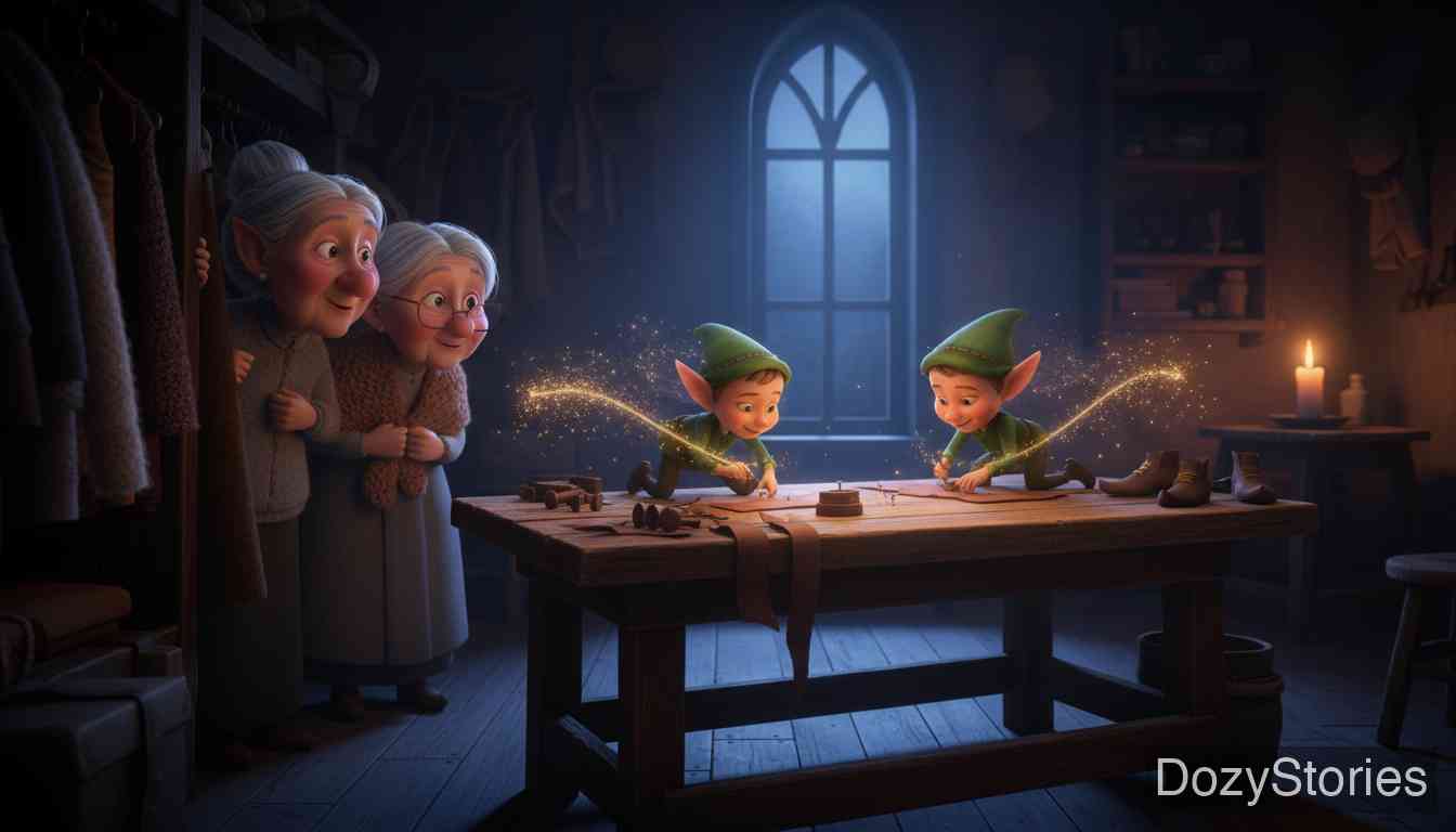 精灵与鞋匠 - 午夜时分,两个赤裸的小精灵来到桌前,以惊人的速度缝制鞋子。 - 场景插画 3