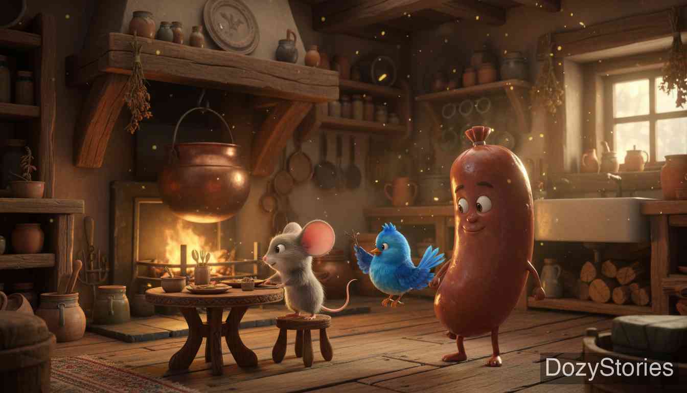 老鼠、小鸟和香肠 - 三个伙伴和谐地生活在一起,分工明确,日子过得富足平安。 - 场景插画 1