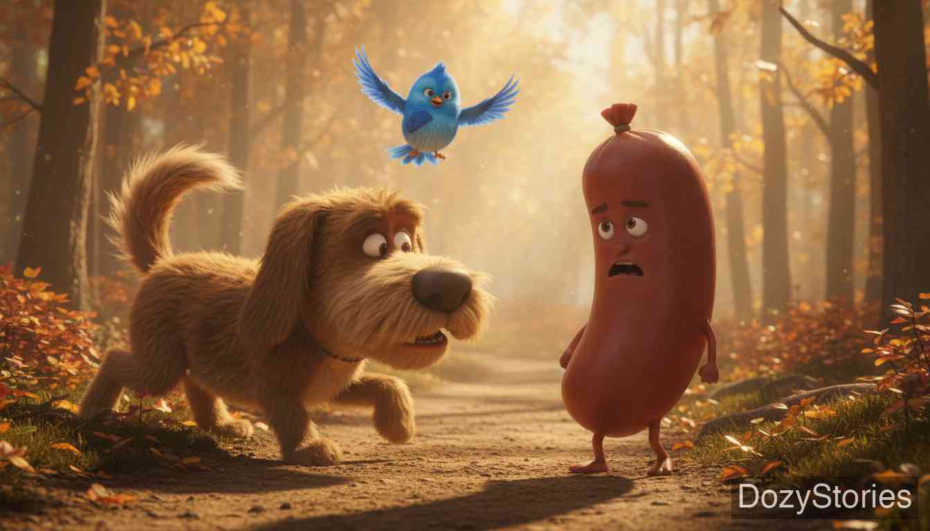 老鼠、小鸟和香肠 - 香肠在森林里遭遇不幸,被一只恶狗吃掉,第一个悲剧发生了。 - 场景插画 3